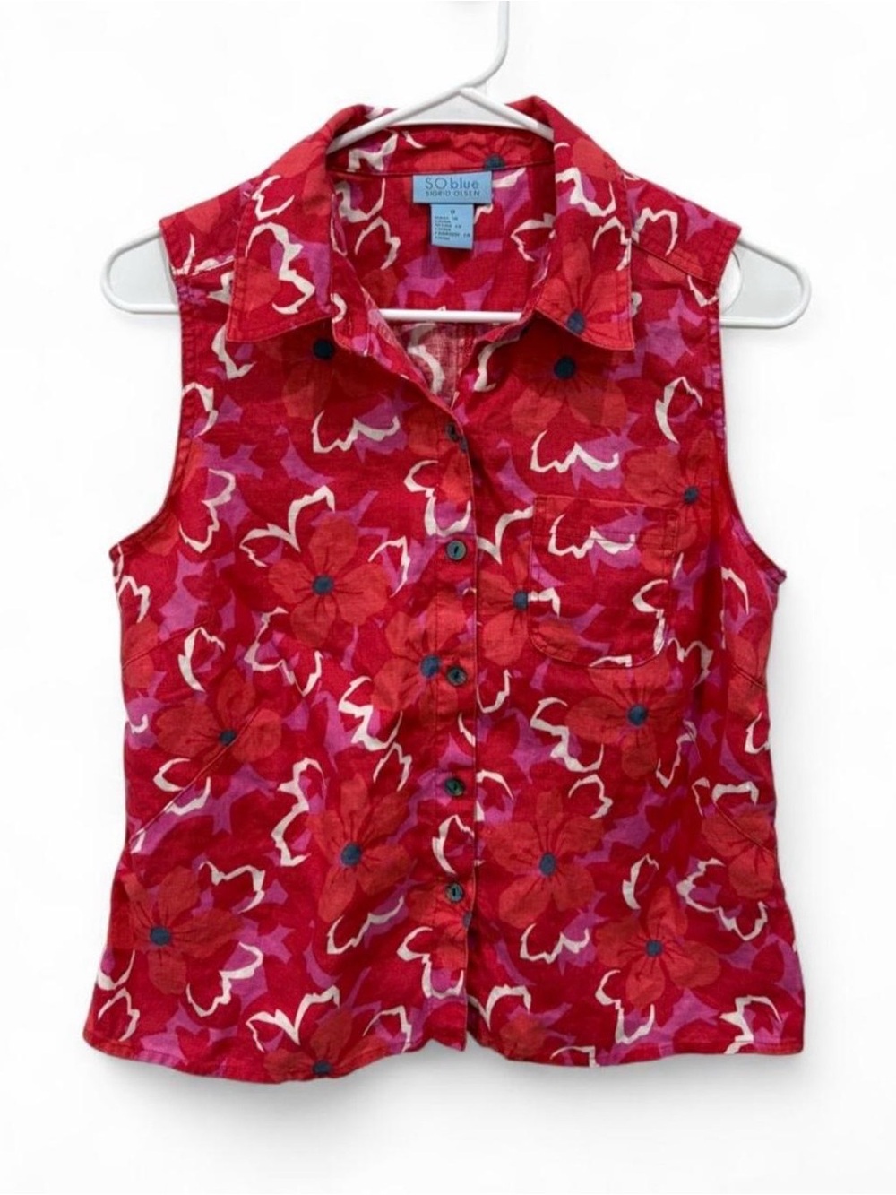 SO Blue Sigrid Olsen Floral Linen Button Front Sleeveless Blouse Size 8 Vibrant